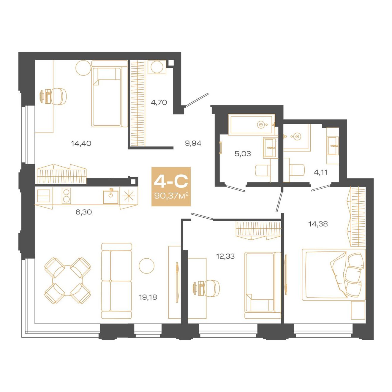 Планировка: Евро-4, 90,37 м²