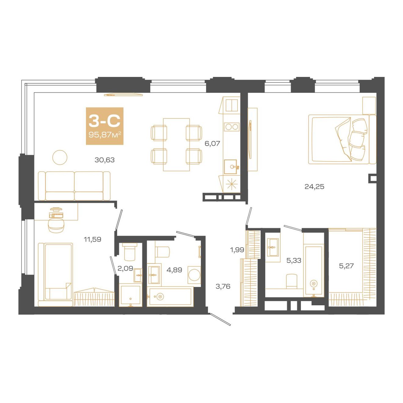 Планировка: Евро-3, 95,87 м²