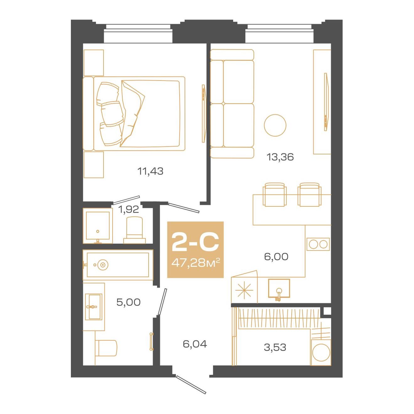 Планировка: Евро-2, 42,28 м²