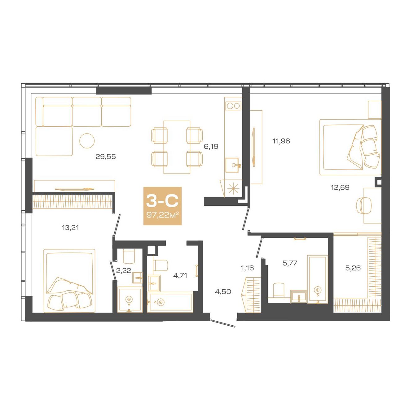 Планировка: Евро-3, 97,22 м²