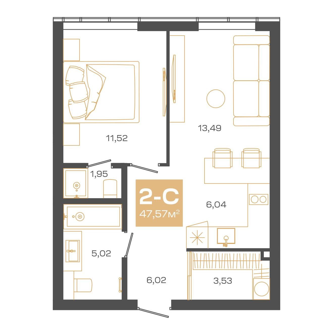 Планировка: 2-комнатная 47,57 м² в ЖК «Пульсар»