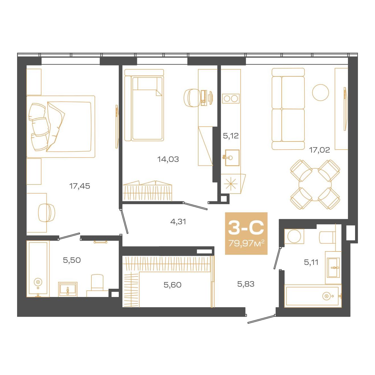 Планировка: Евро-3, 79,97 м²
