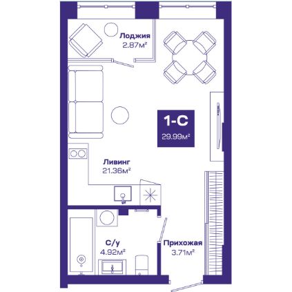 Планировка: Евро-1, 29,5 м²