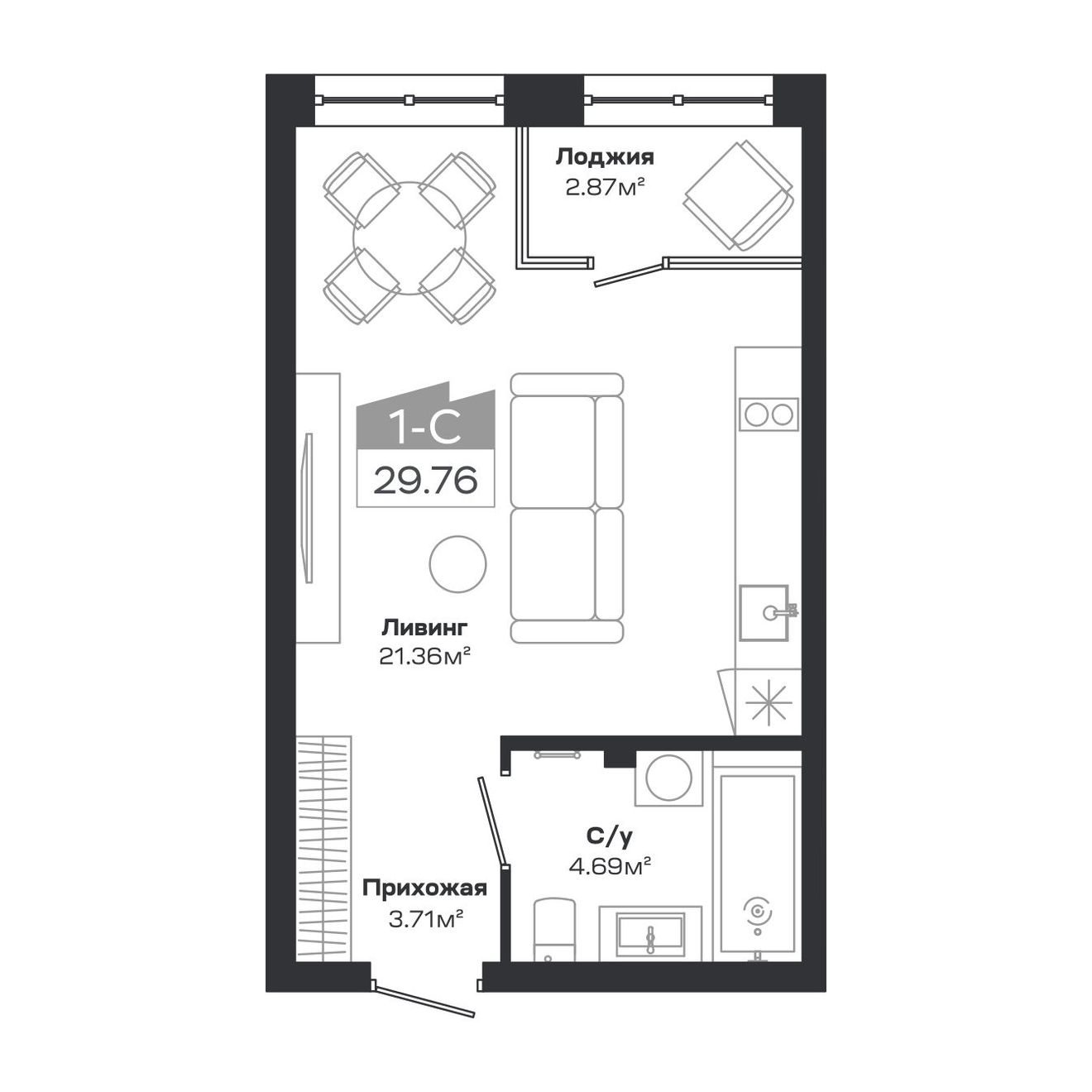 Планировка: Евро-1, 29,3 м²