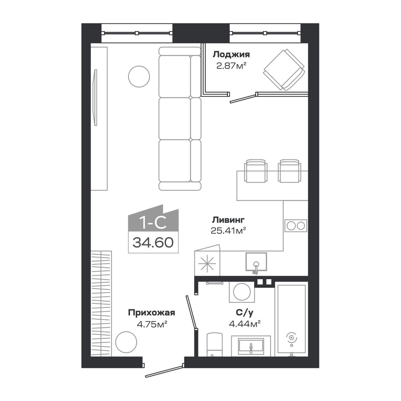 Планировка: Евро-1, 33,7 м²