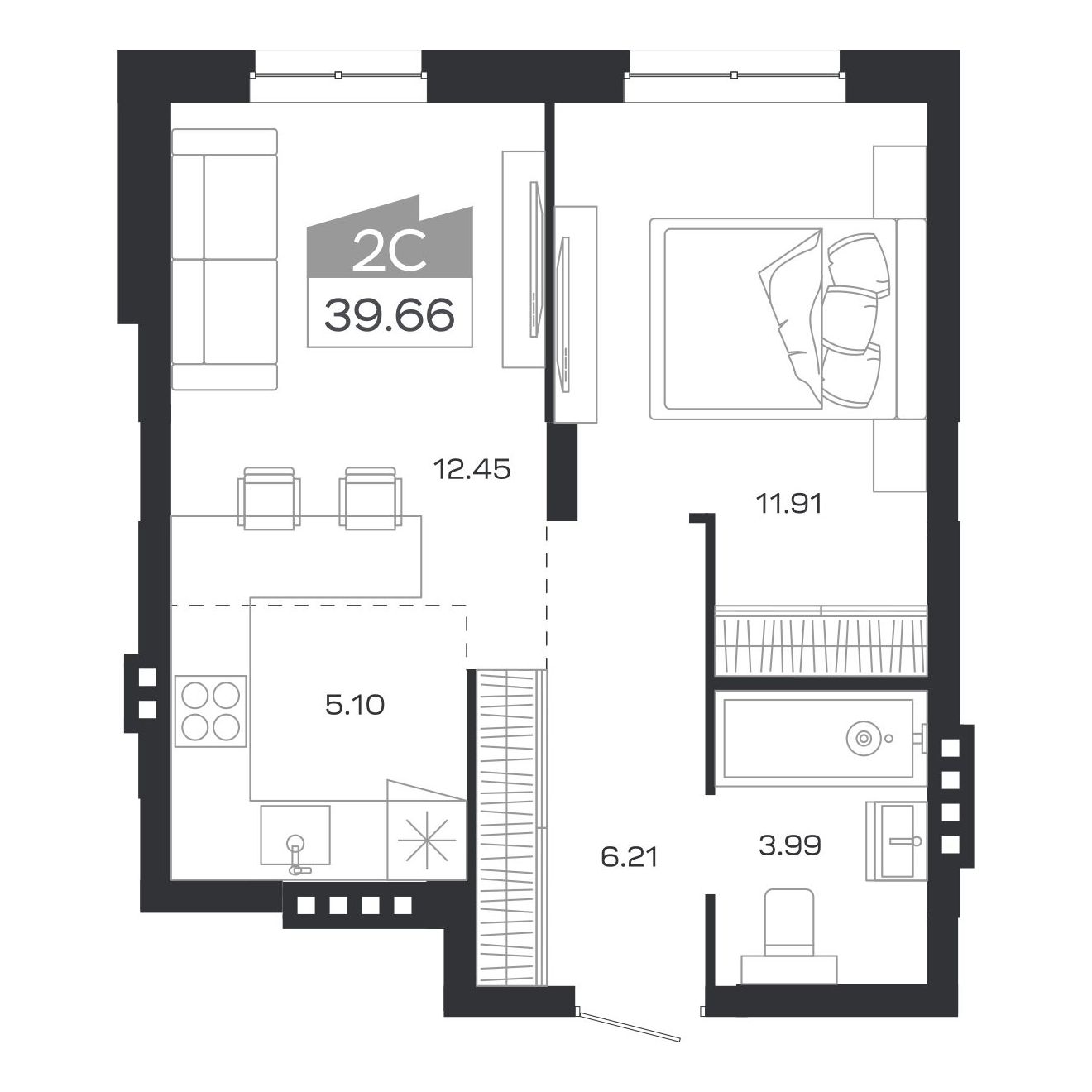 Планировка: 2-комнатная, 39,66 м²