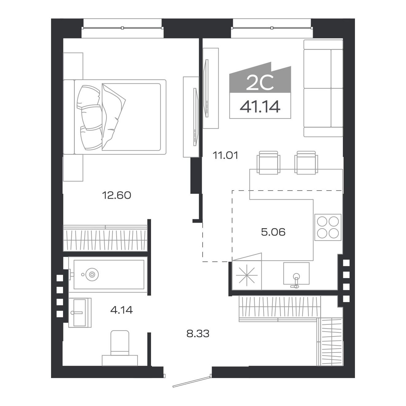 Планировка: 2-комнатная, 41,14 м²