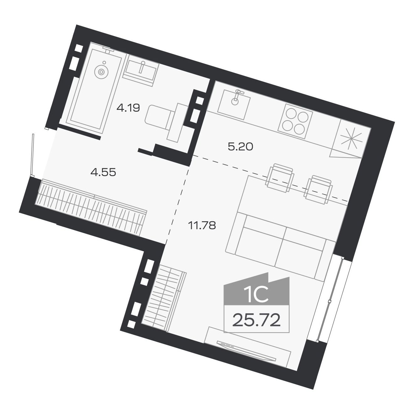 Планировка: 1-комнатная, 25,72 м²
