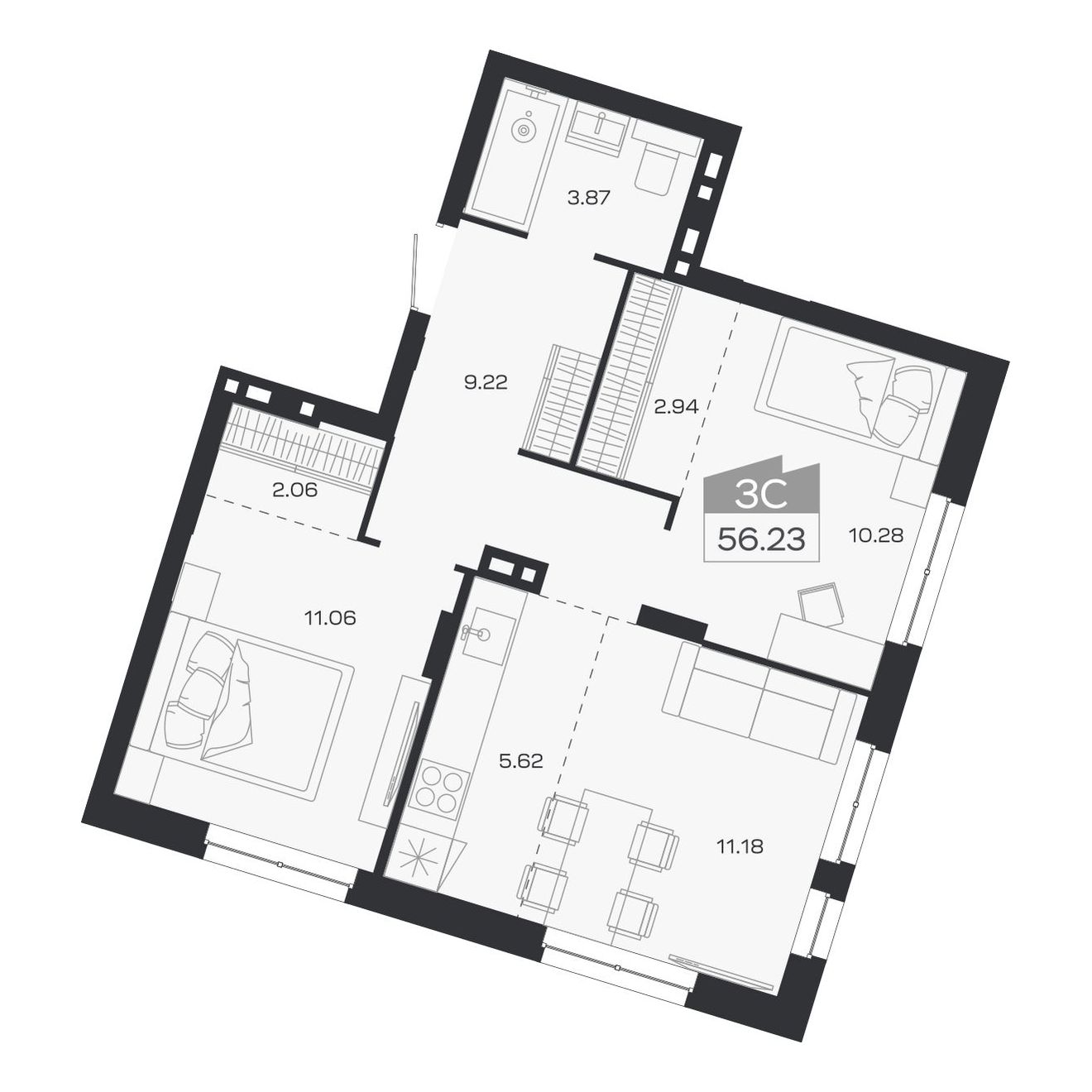 Планировка: 3-комнатная, 56,23 м²
