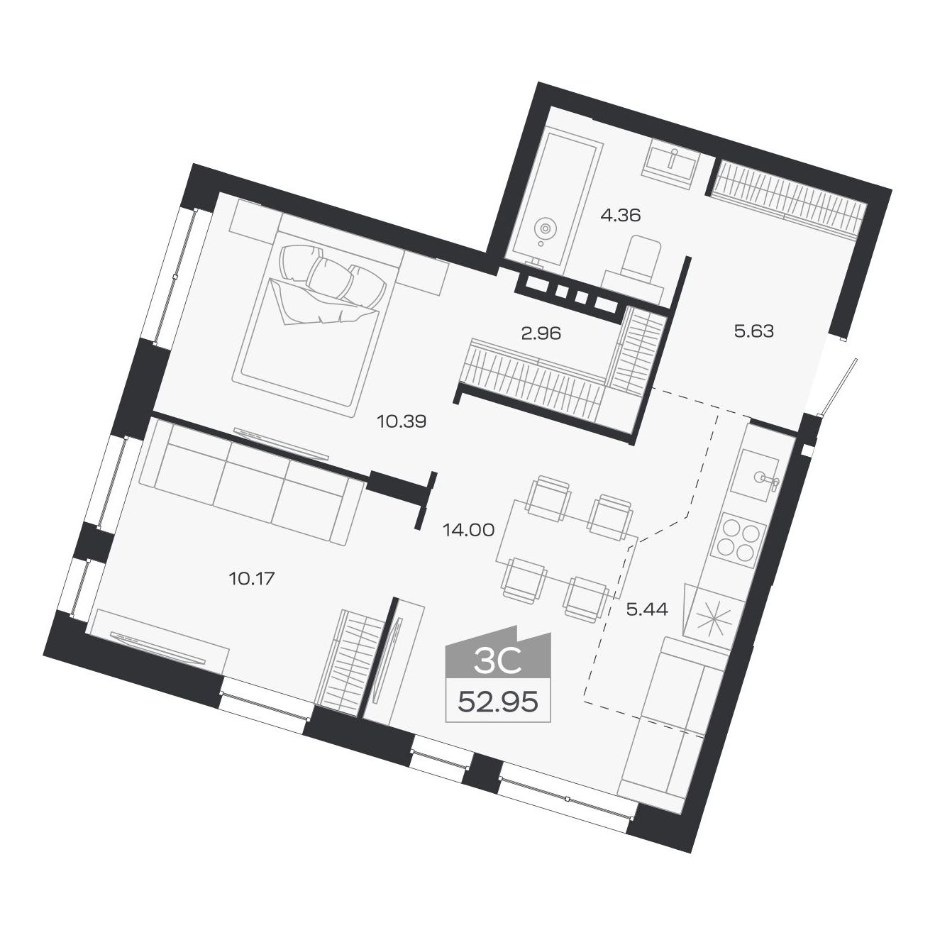 Планировка: 3-комнатная, 52,95 м²