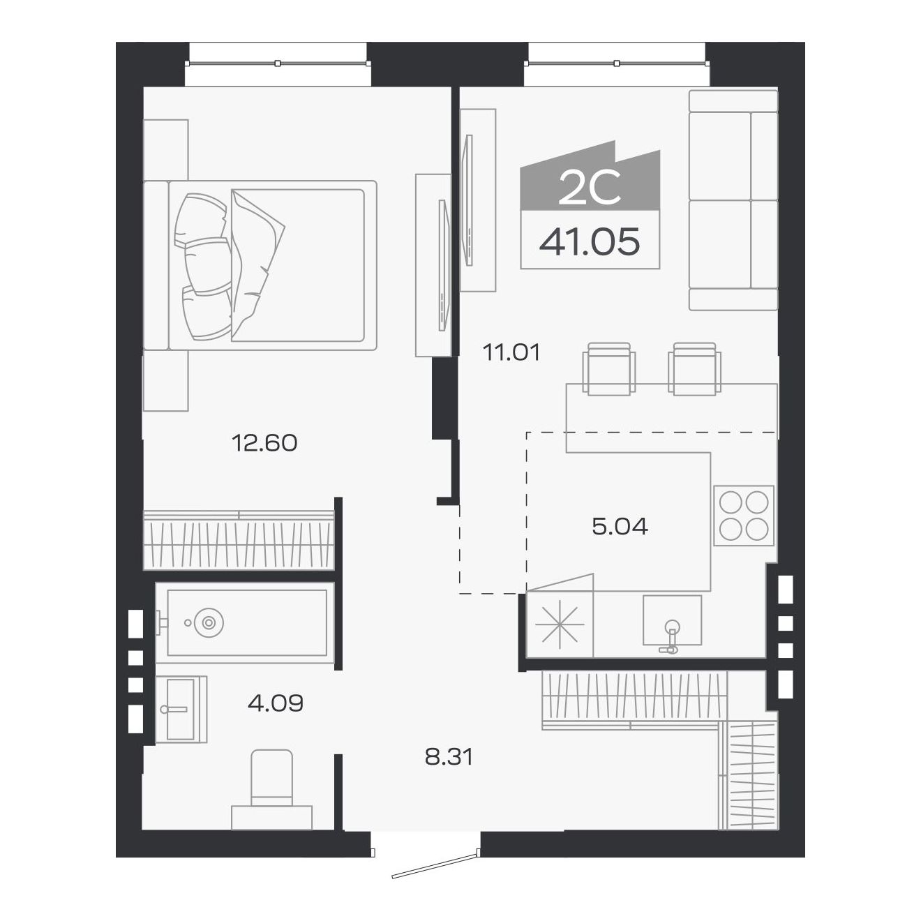 Планировка: 2-комнатная, 41,05 м²