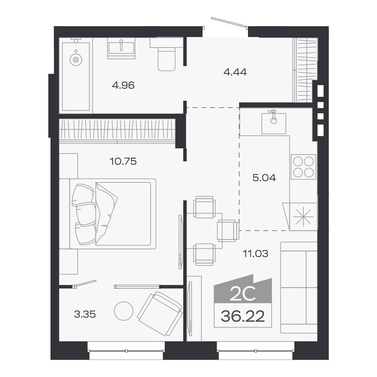Планировка: 2-комнатная, 36,22 м²