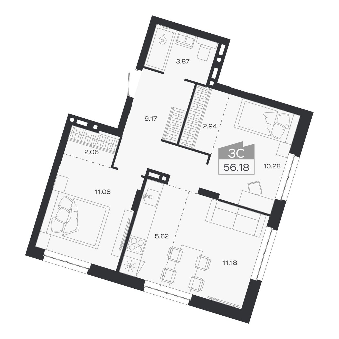 Планировка: 3-комнатная, 56,18 м²