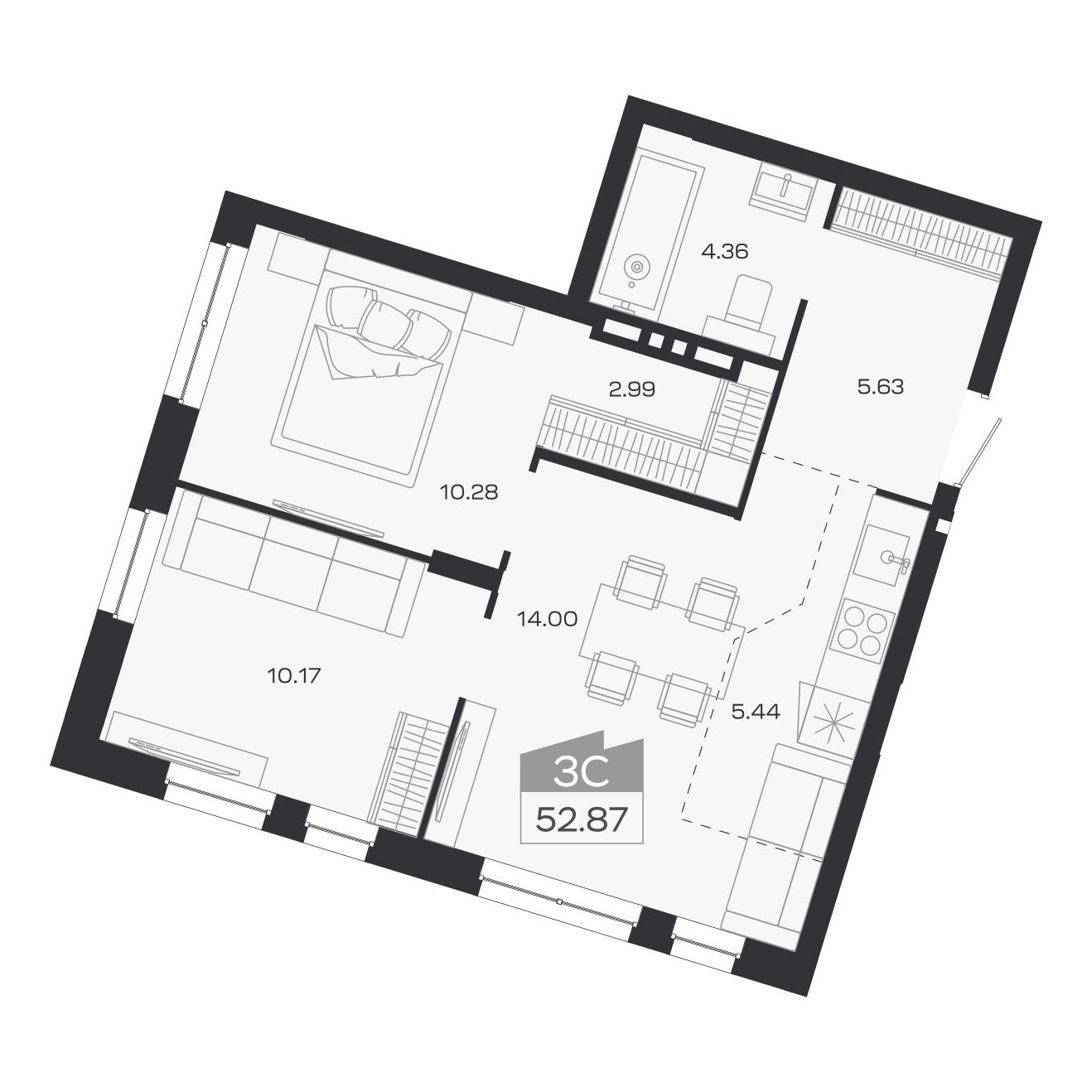Планировка: 3-комнатная, 52,87 м²
