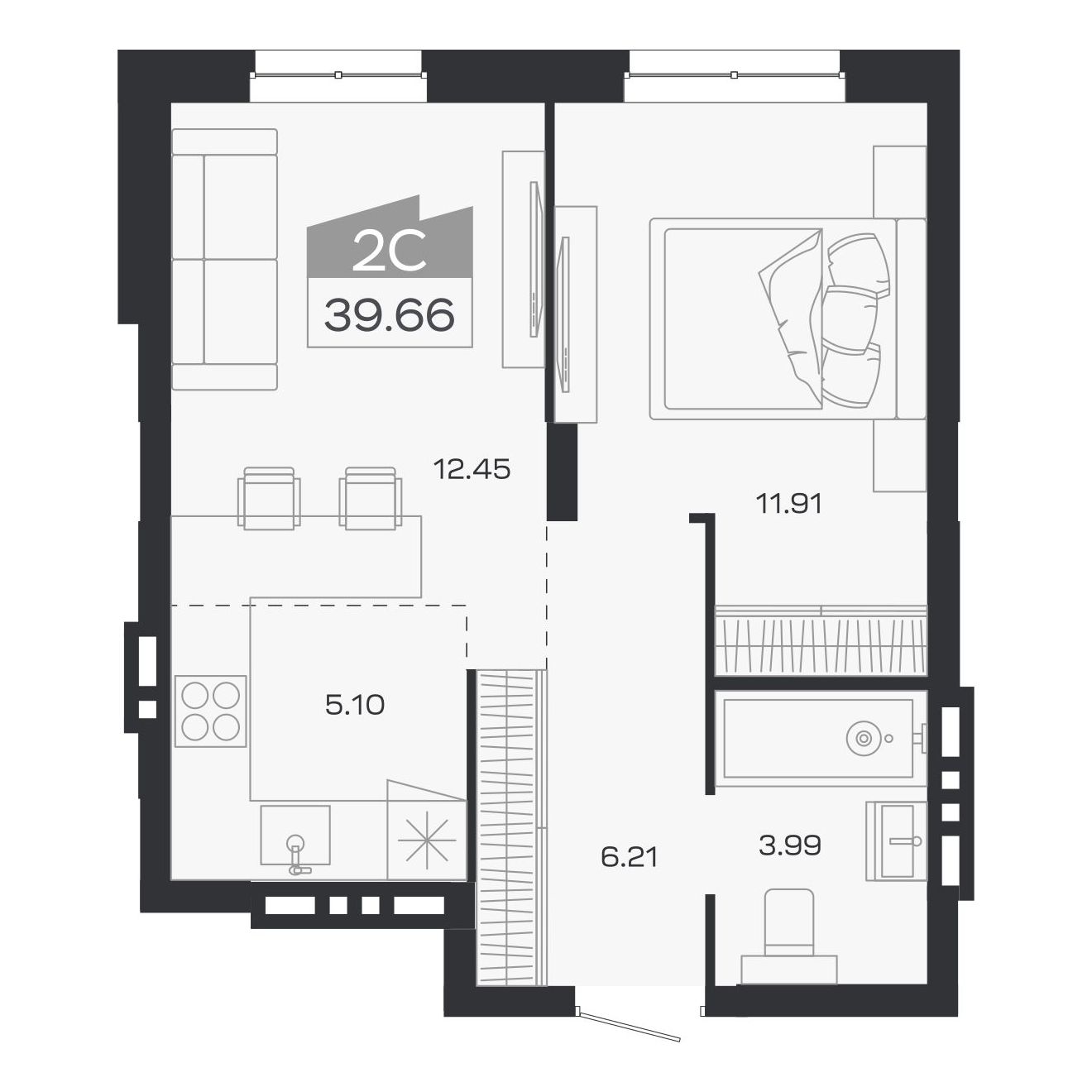 Планировка: 2-комнатная, 39,66 м²