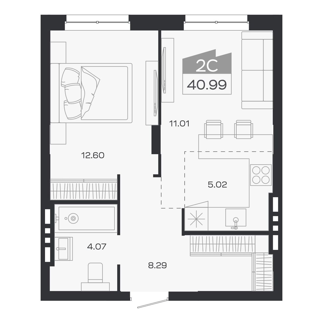 Планировка: 2-комнатная, 40,99 м²