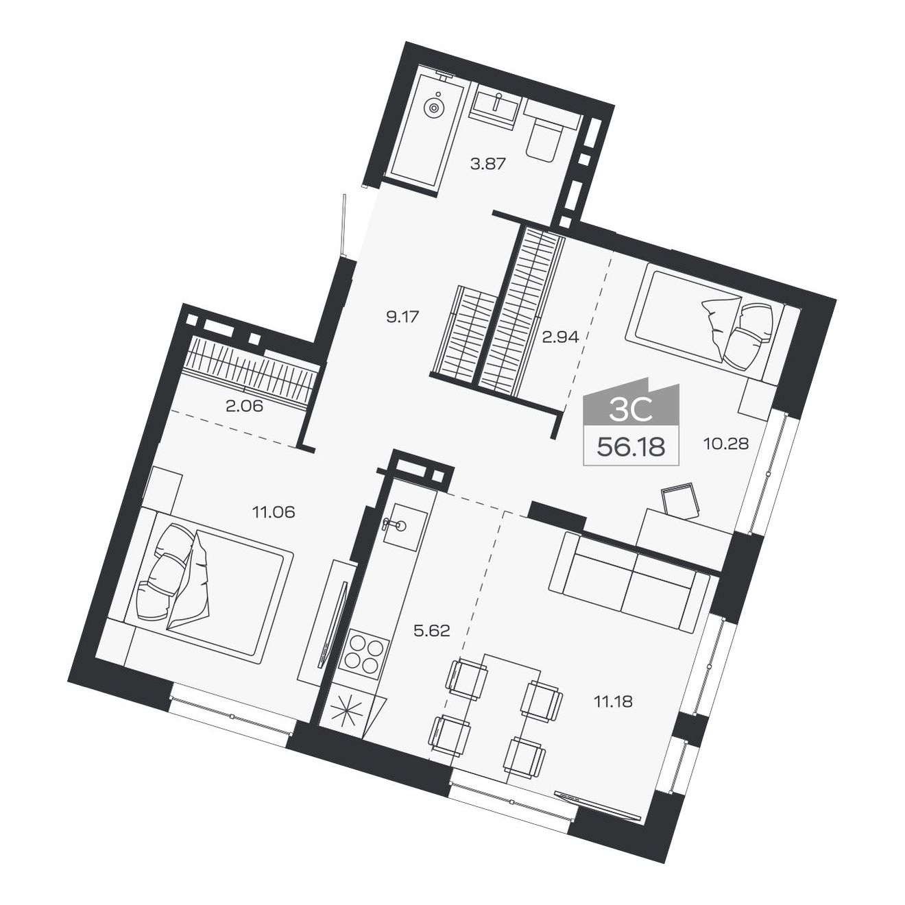 Планировка: 3-комнатная, 56,18 м²
