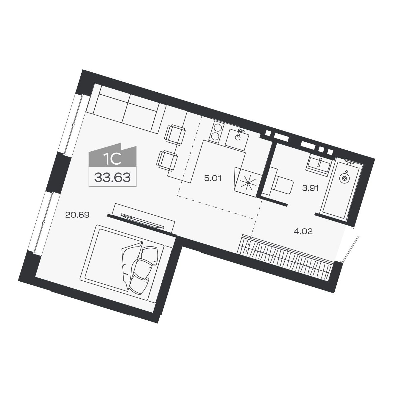 Планировка: 1-комнатная, 33,63 м²