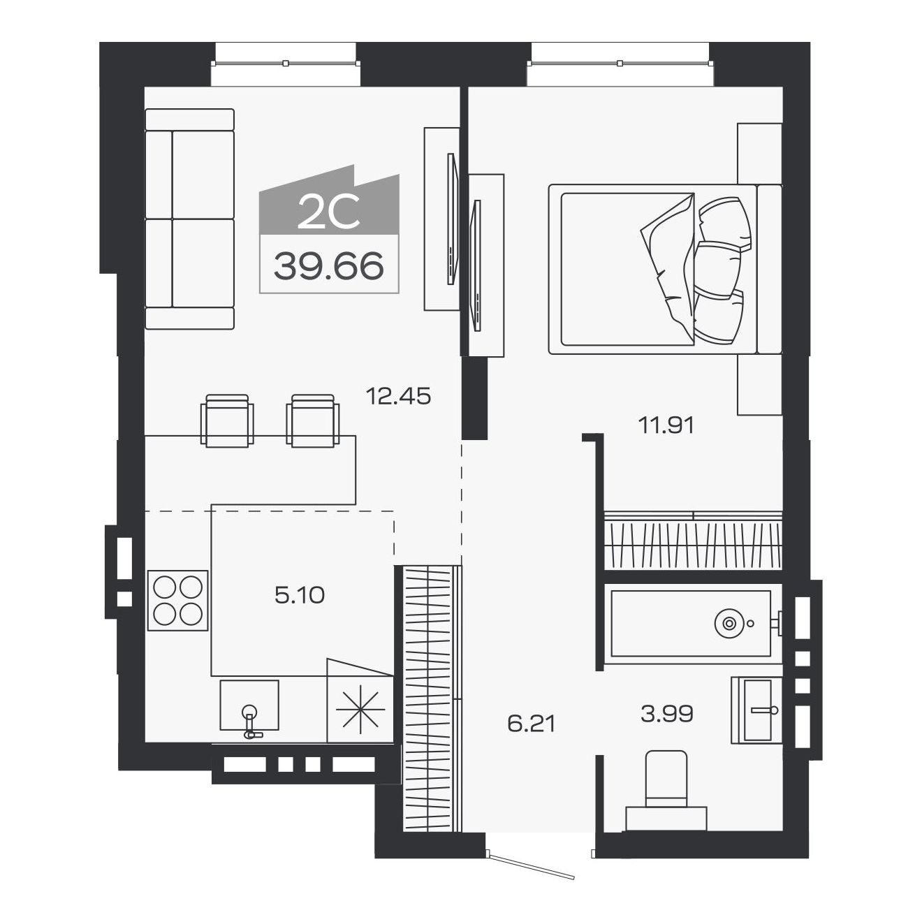 Планировка: 2-комнатная, 39,66 м²
