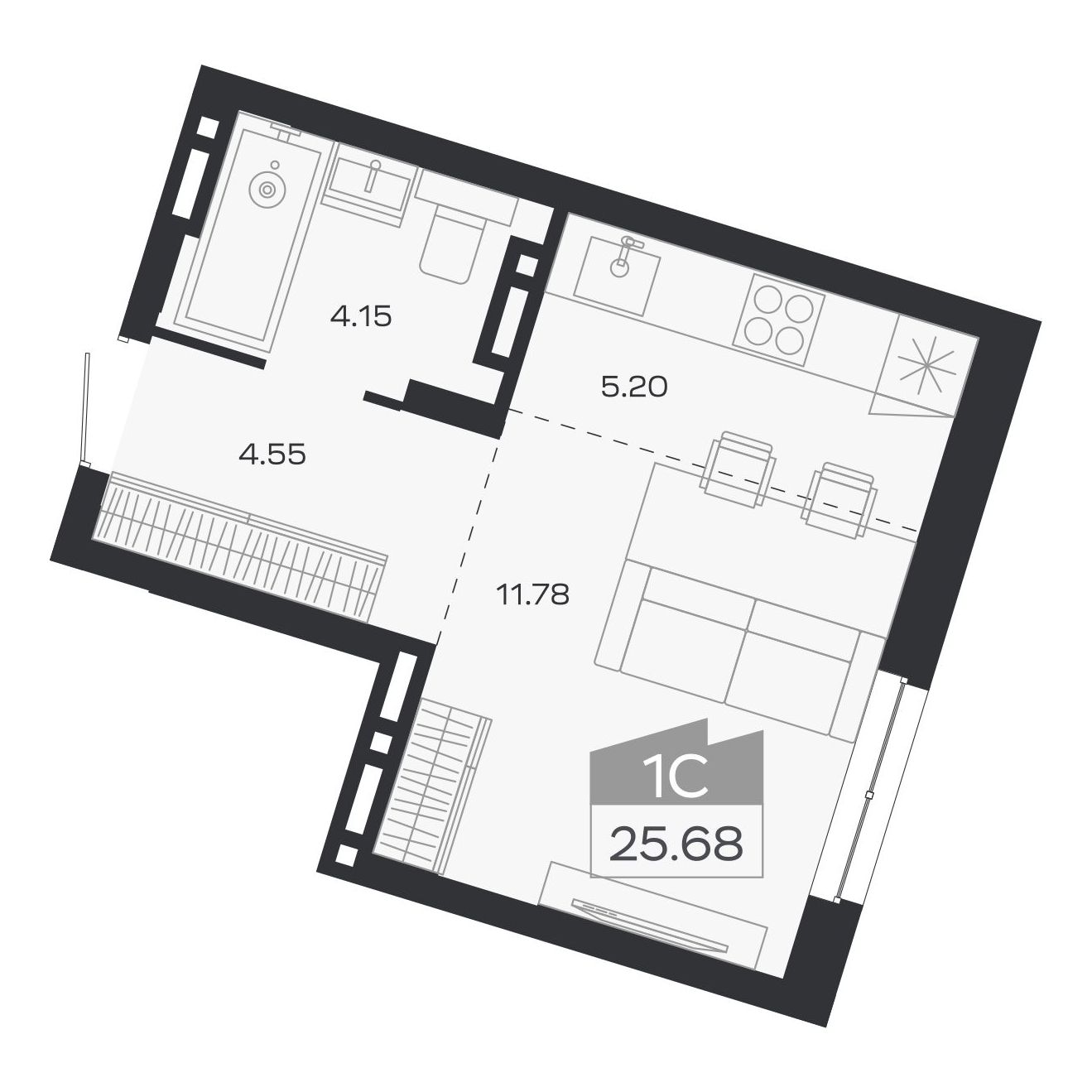 Планировка: 1-комнатная, 25,68 м²