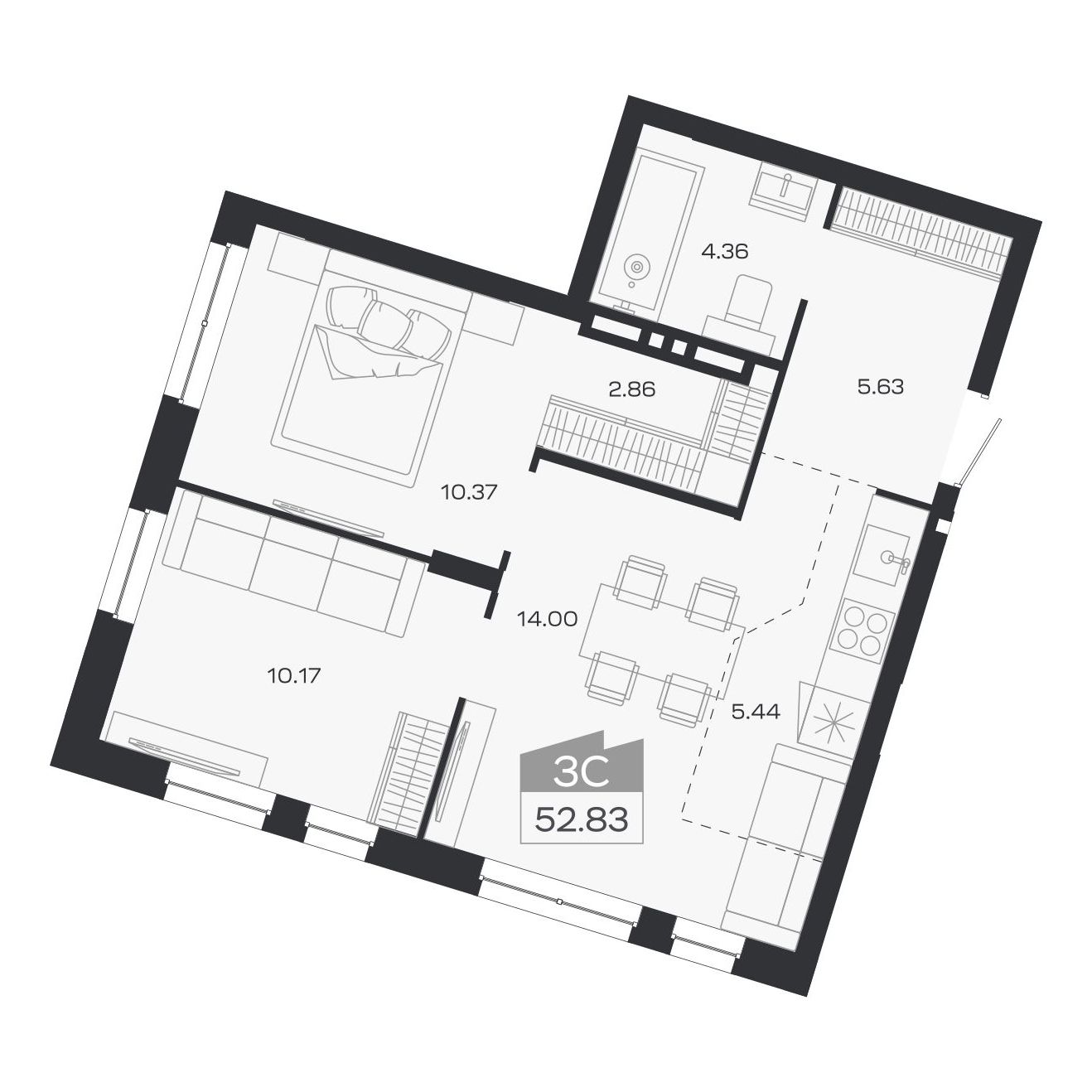 Планировка: 3-комнатная, 52,83 м²