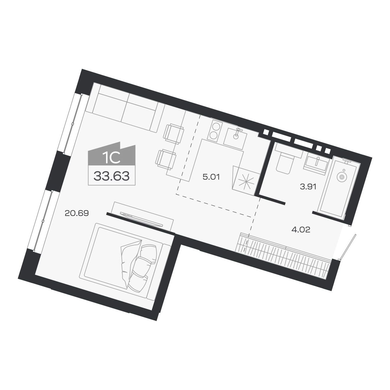 Планировка: 1-комнатная, 33,63 м²