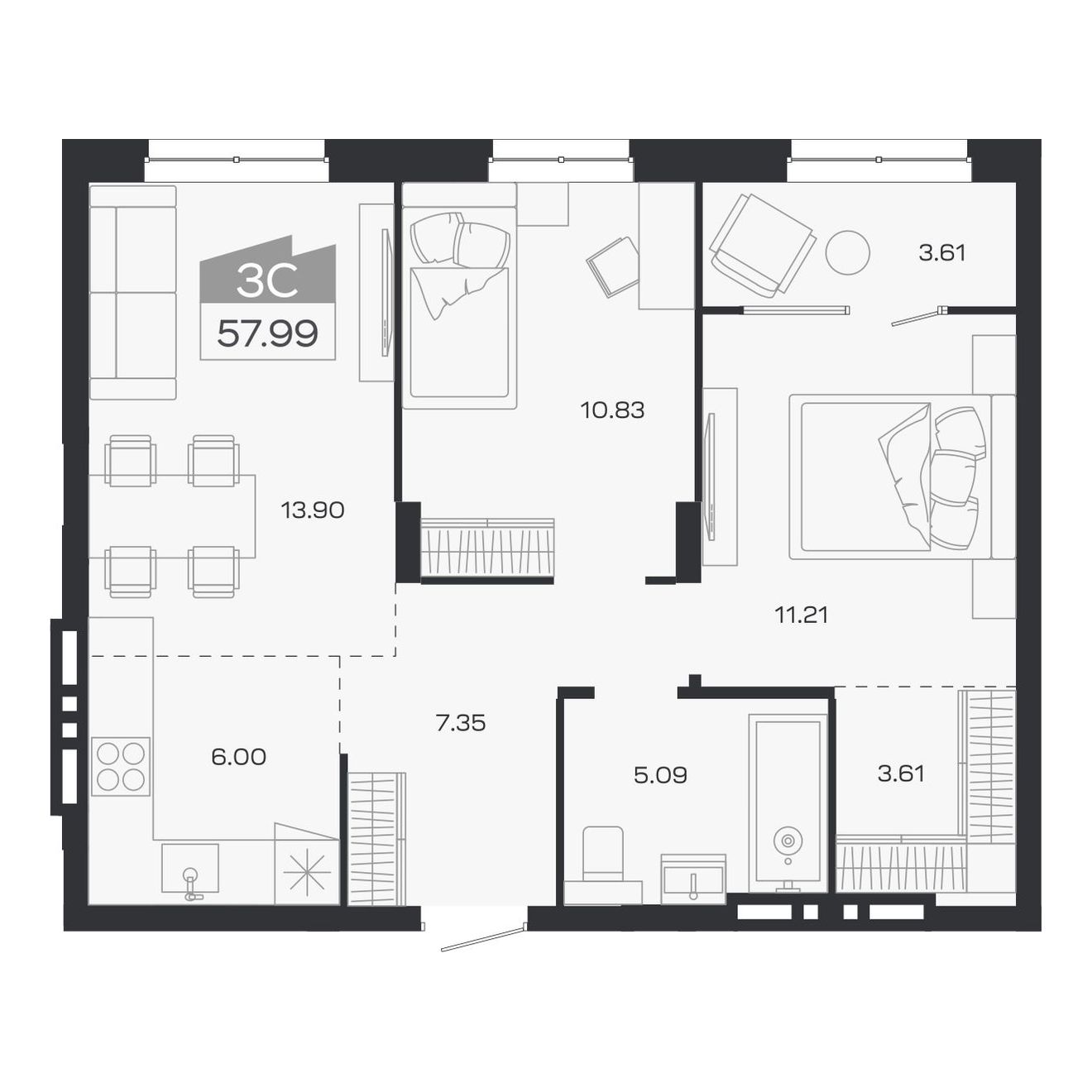 Планировка: 3-комнатная, 57,99 м²