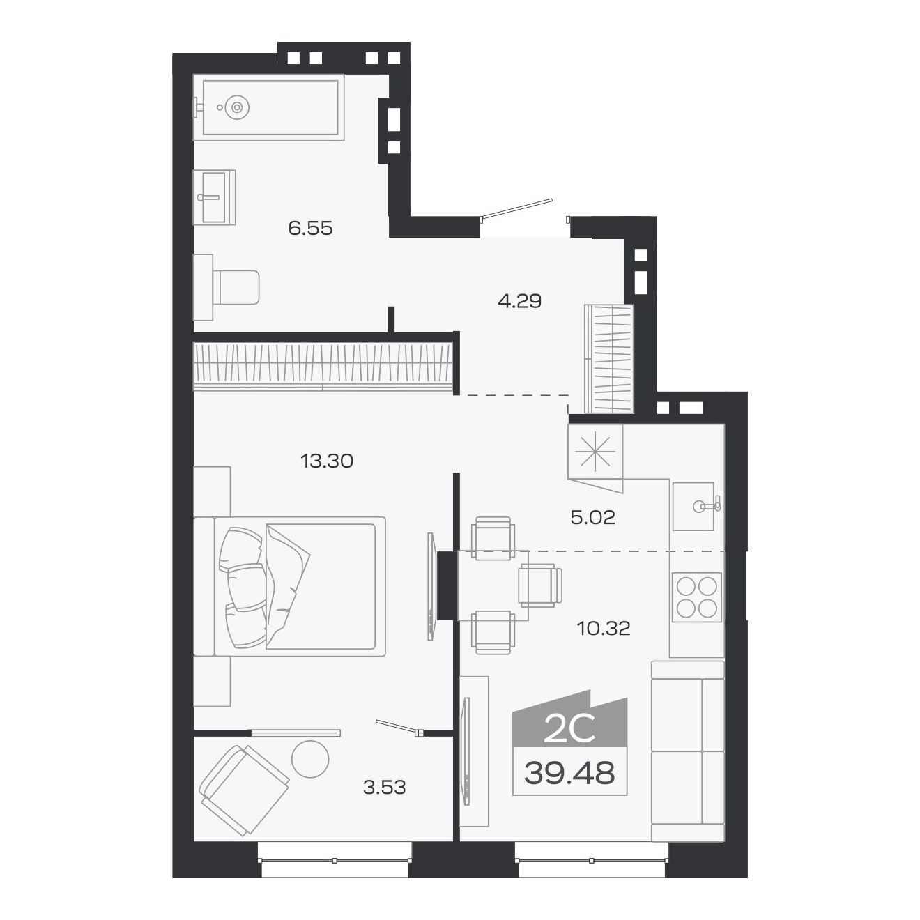 Планировка: 2-комнатная, 39,48 м²