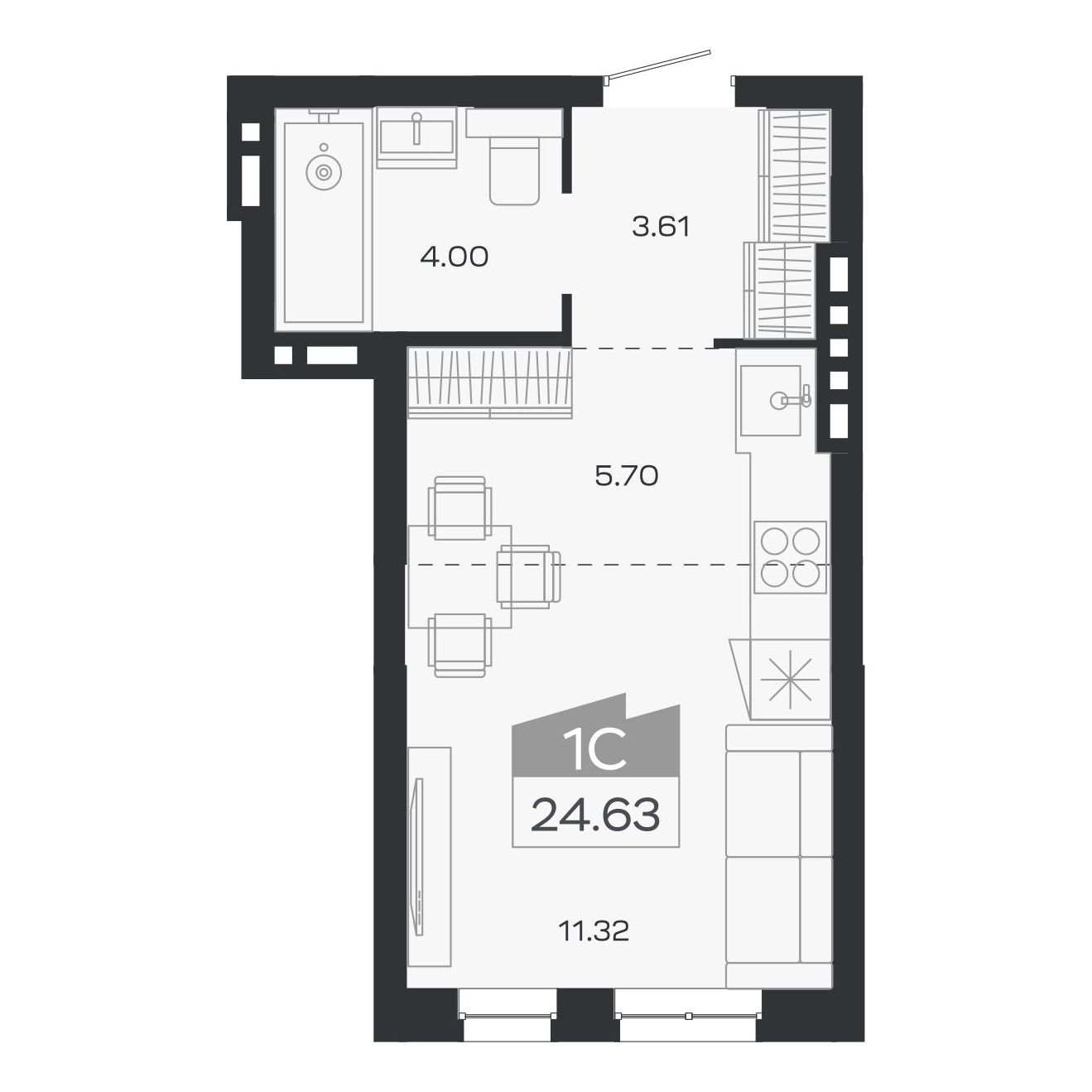 Планировка: 1-комнатная, 24,63 м²