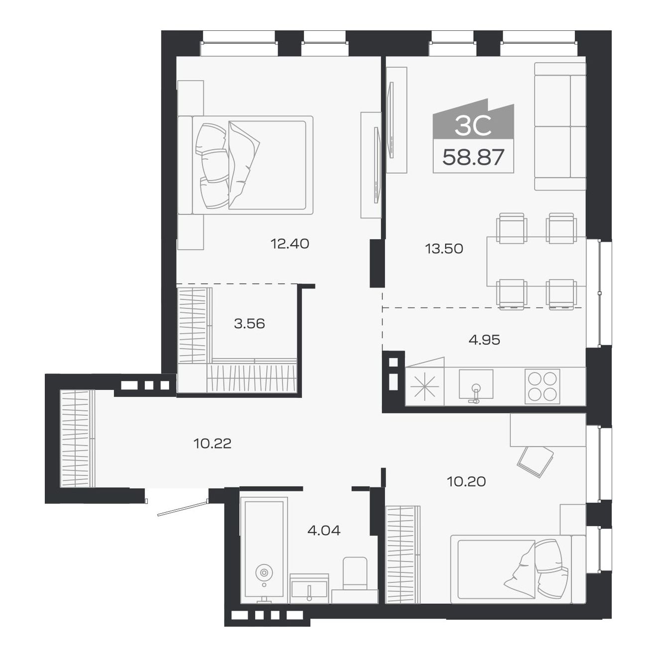 Планировка: 3-комнатная, 58,87 м²