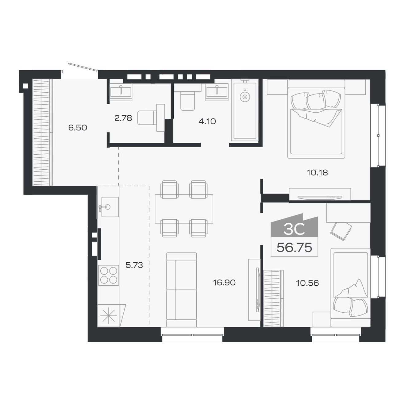 Планировка: 3-комнатная, 56,75 м²