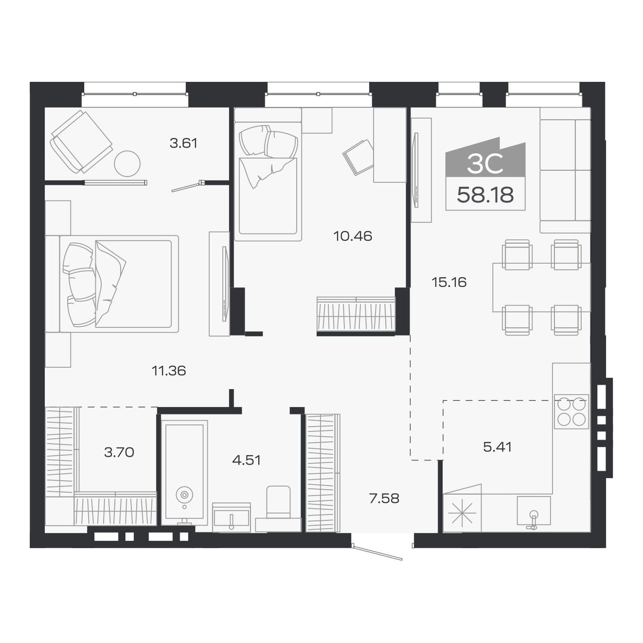 Планировка: 3-комнатная, 58,18 м²