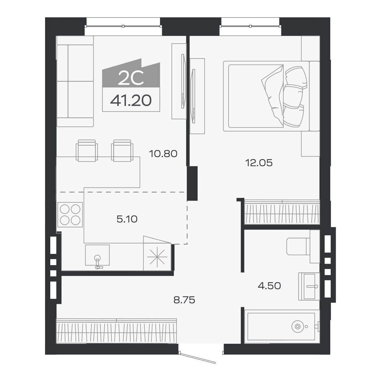 Планировка: 2-комнатная 41,2 м² в ЖК «Базилик»