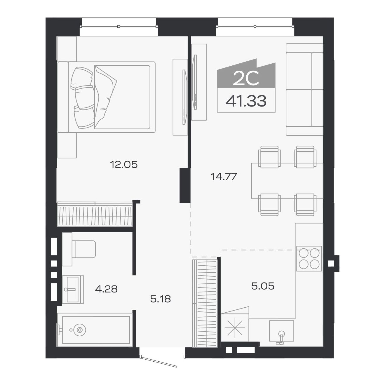 Планировка: 2-комнатная, 41,33 м²
