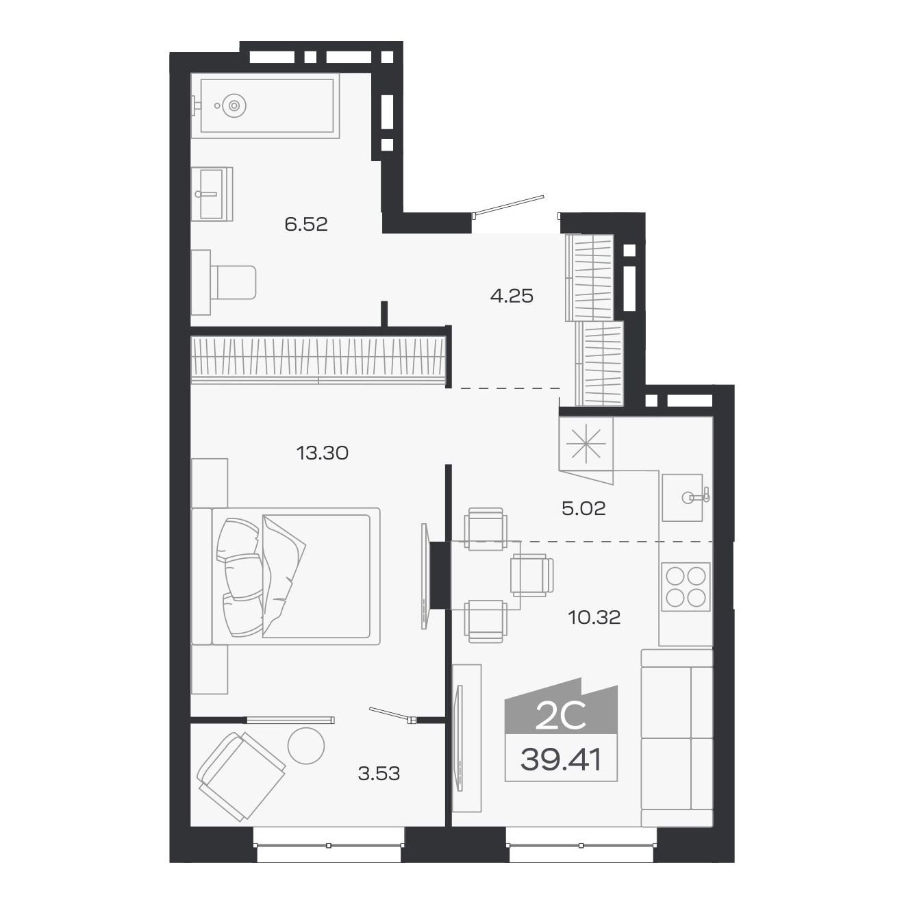 Планировка: 2-комнатная, 39,41 м²