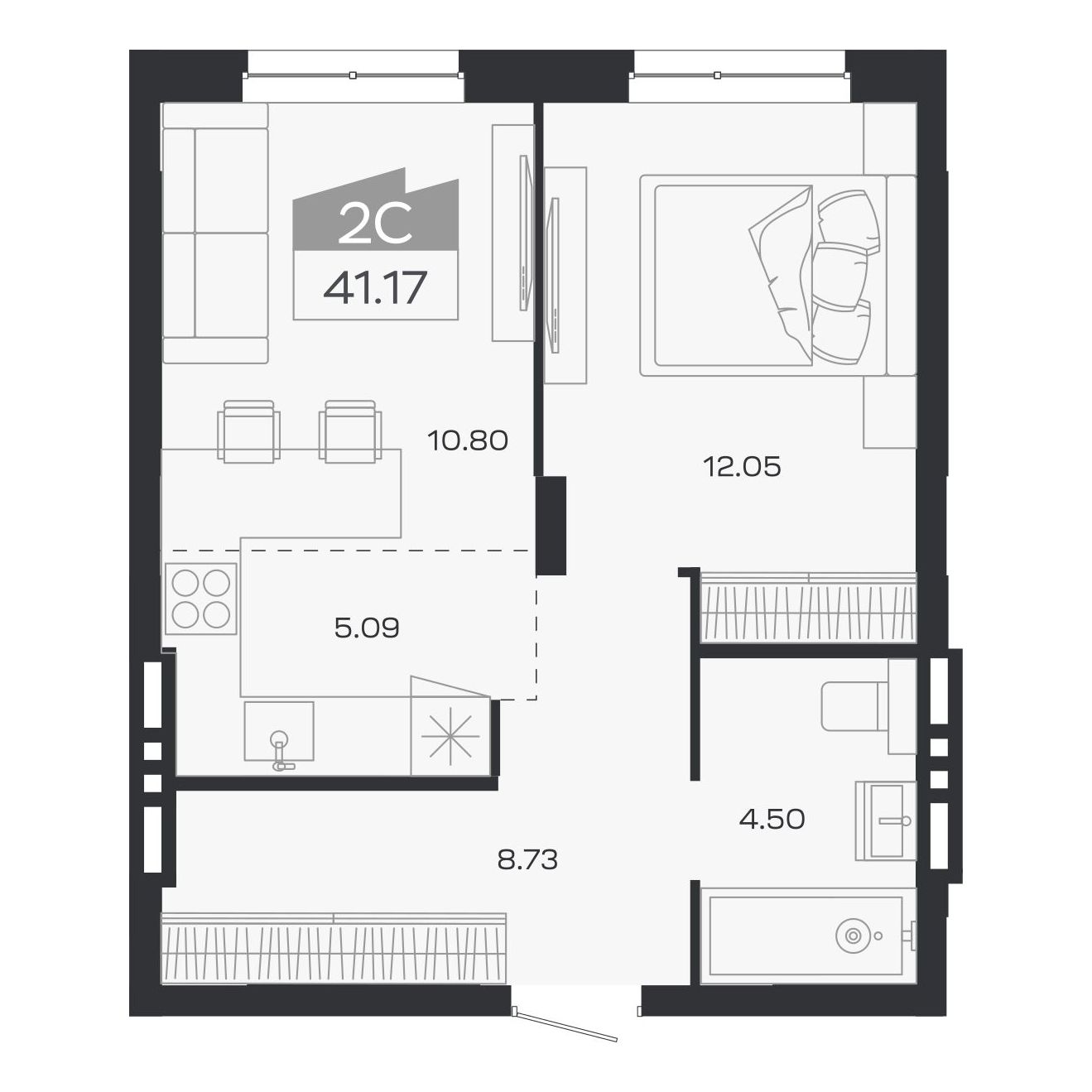 Планировка: 2-комнатная, 41,17 м²