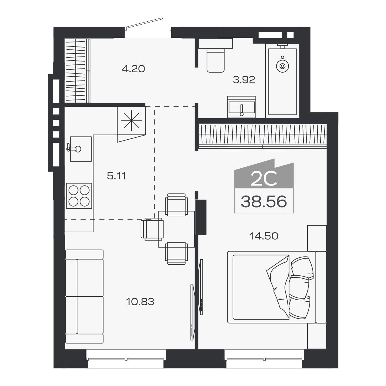 Планировка: 2-комнатная, 38,56 м²
