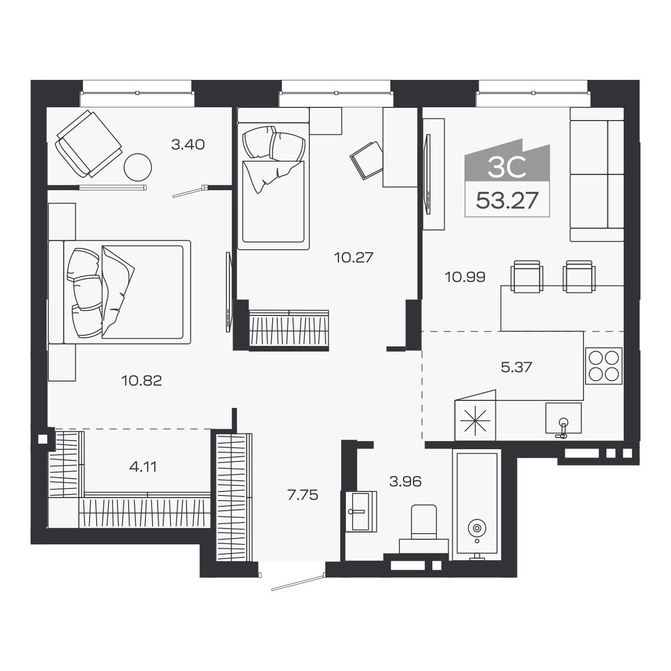 Планировка: 3-комнатная, 53,27 м²