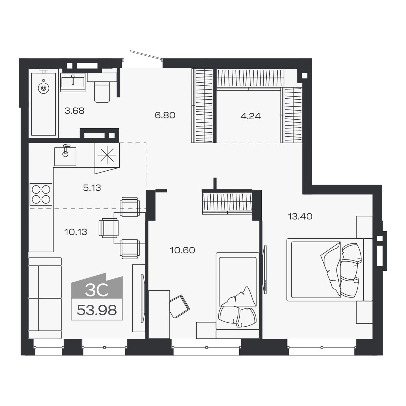 Планировка: 3-комнатная, 53,98 м²