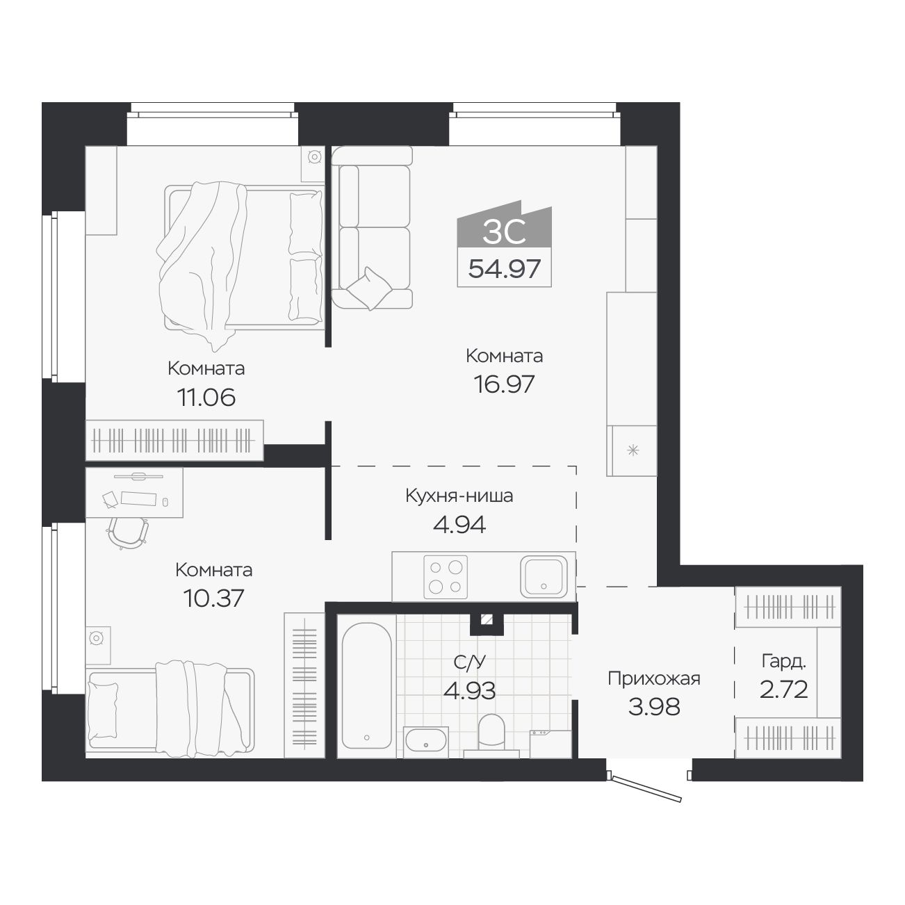 Планировка: Евро-3, 54,97 м²