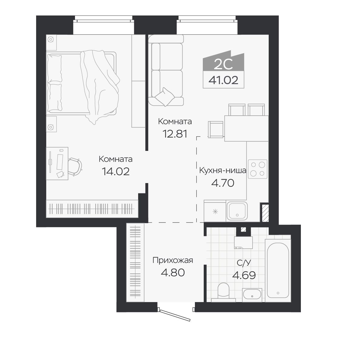 Планировка: Евро-2, 41,02 м²