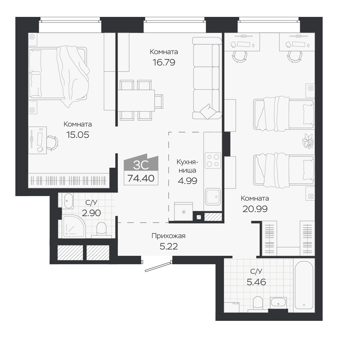 Планировка: Евро-3, 71,4 м²
