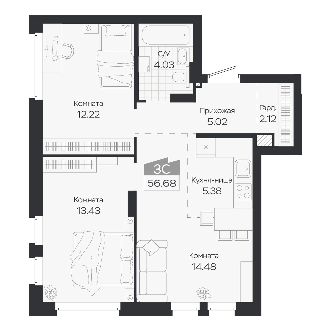 Планировка: Евро-3, 56,68 м²