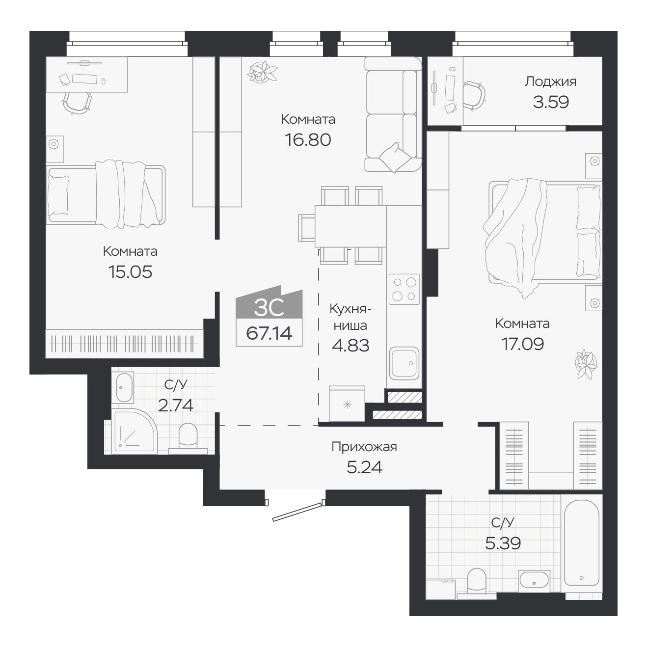 Планировка: Евро-3, 67,14 м²