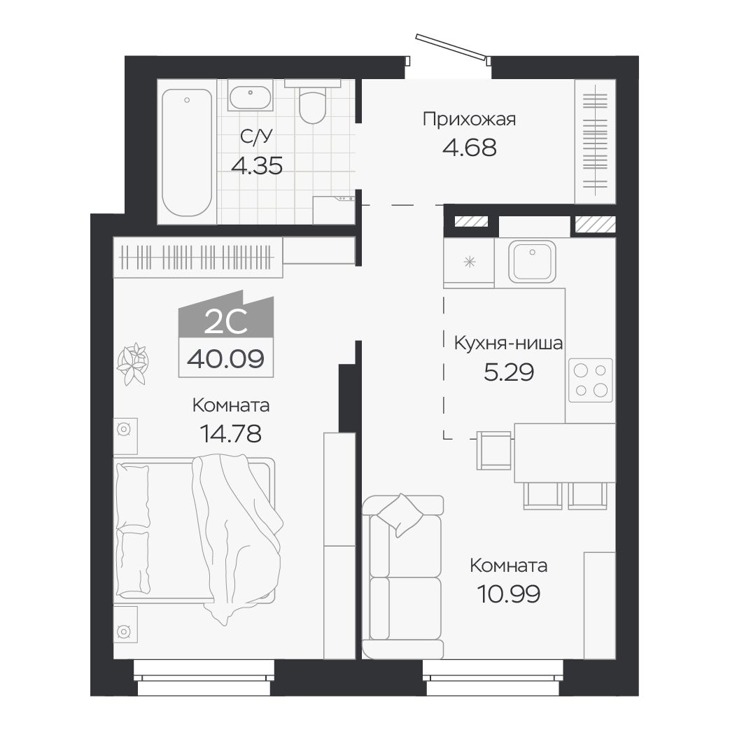 Планировка: Евро-2, 40,09 м²