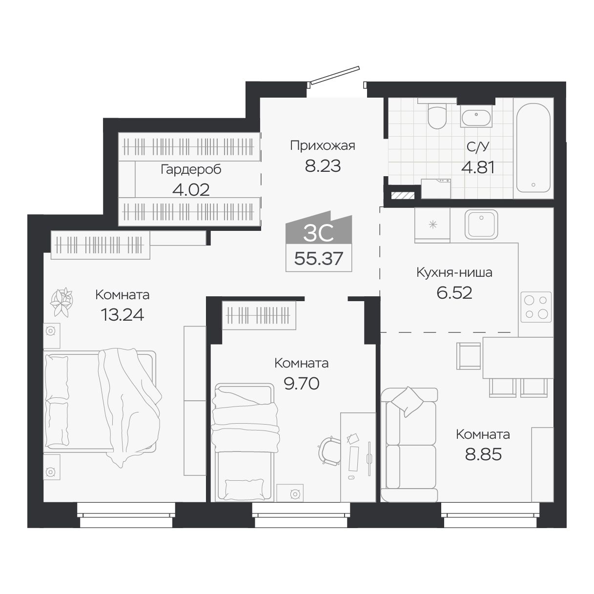 Планировка: Евро-3, 55,37 м²
