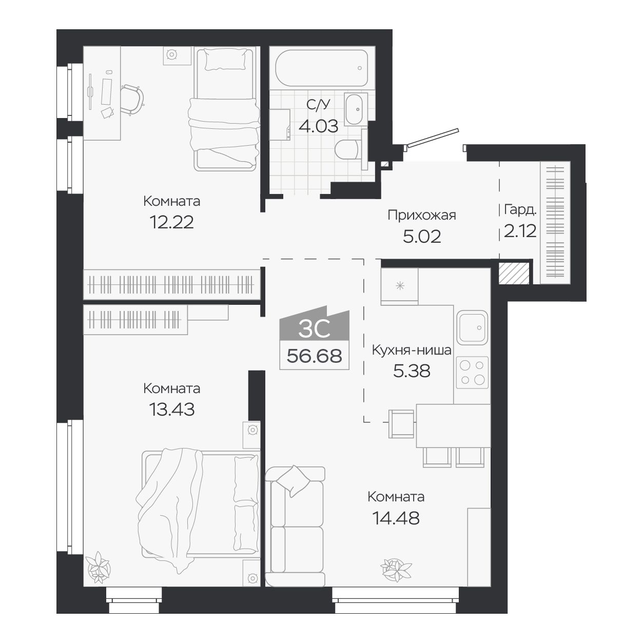 Планировка: Евро-3, 56,68 м²
