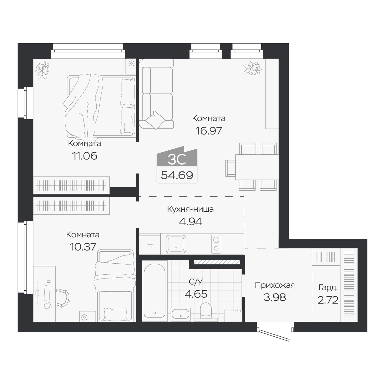Планировка: Евро-3, 54,69 м²