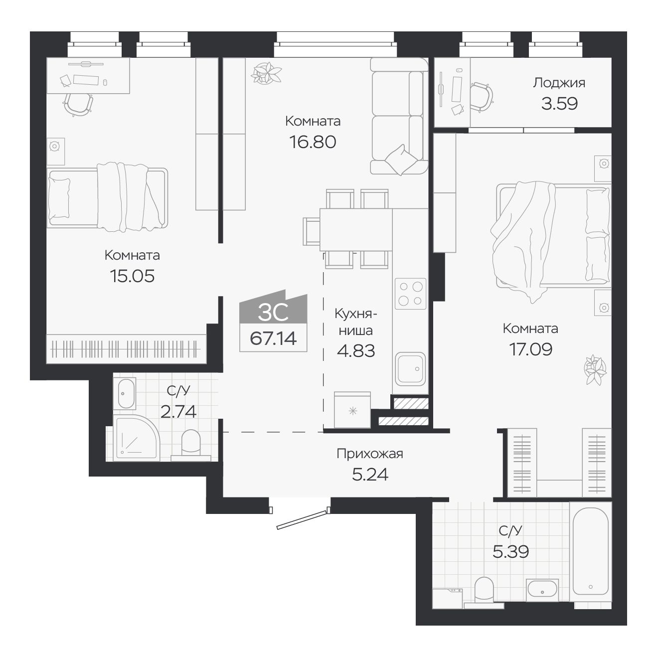 Планировка: Евро-3, 67,14 м²