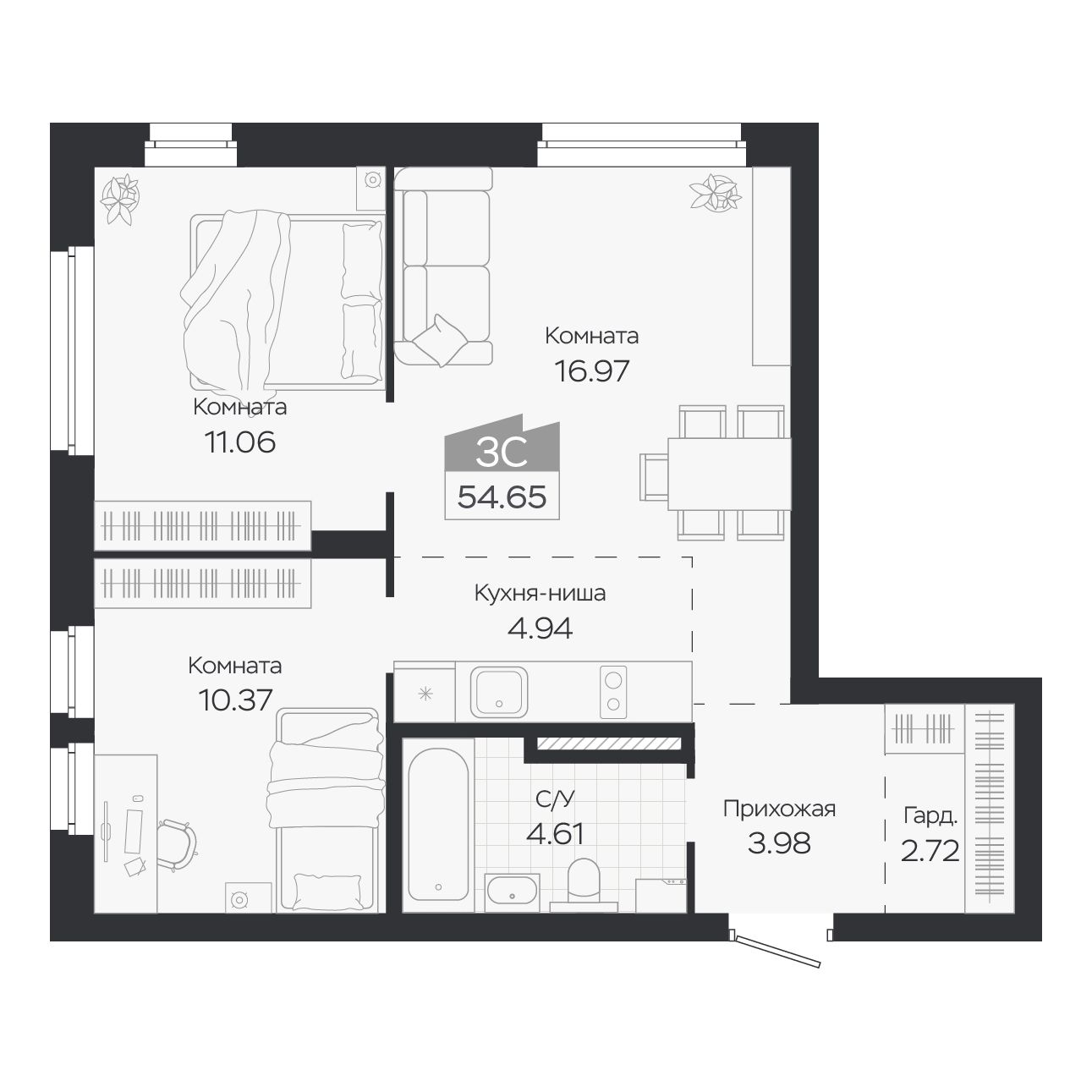 Планировка: Евро-3, 54,65 м²